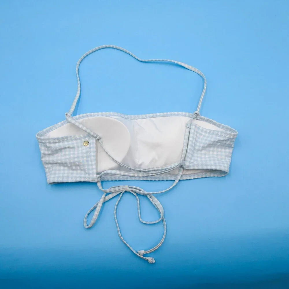 Victorias Secret Small White Blue Check Padded Halter Bikini Top Ribbed Swimwear